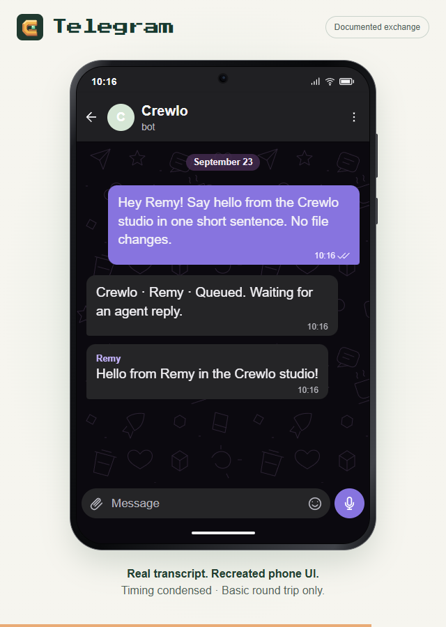 Recreated Telegram phone showing the documented request, queue acknowledgement and Remy's greeting