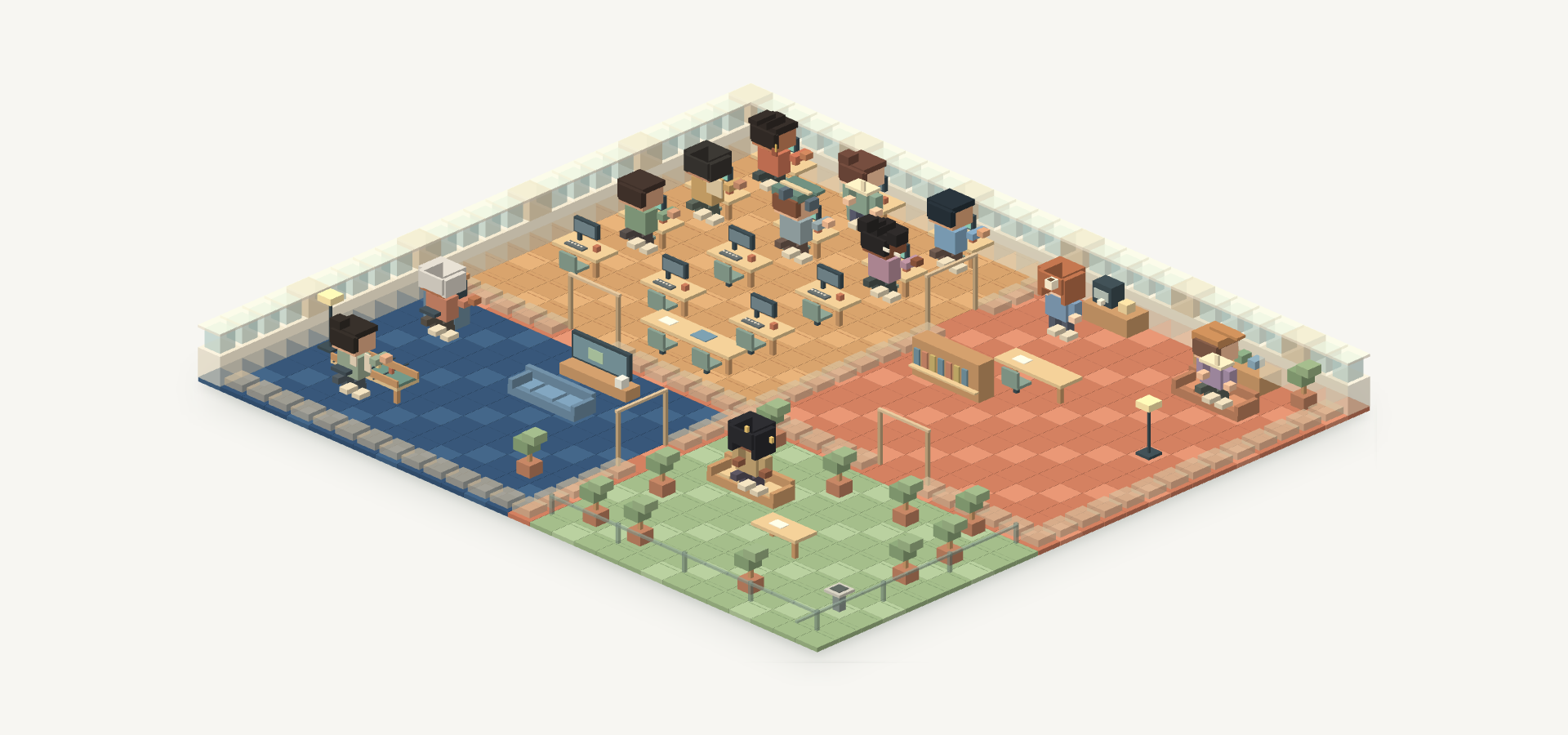 Crewlo's illustrated voxel studio with desks, characters and a coffee corner