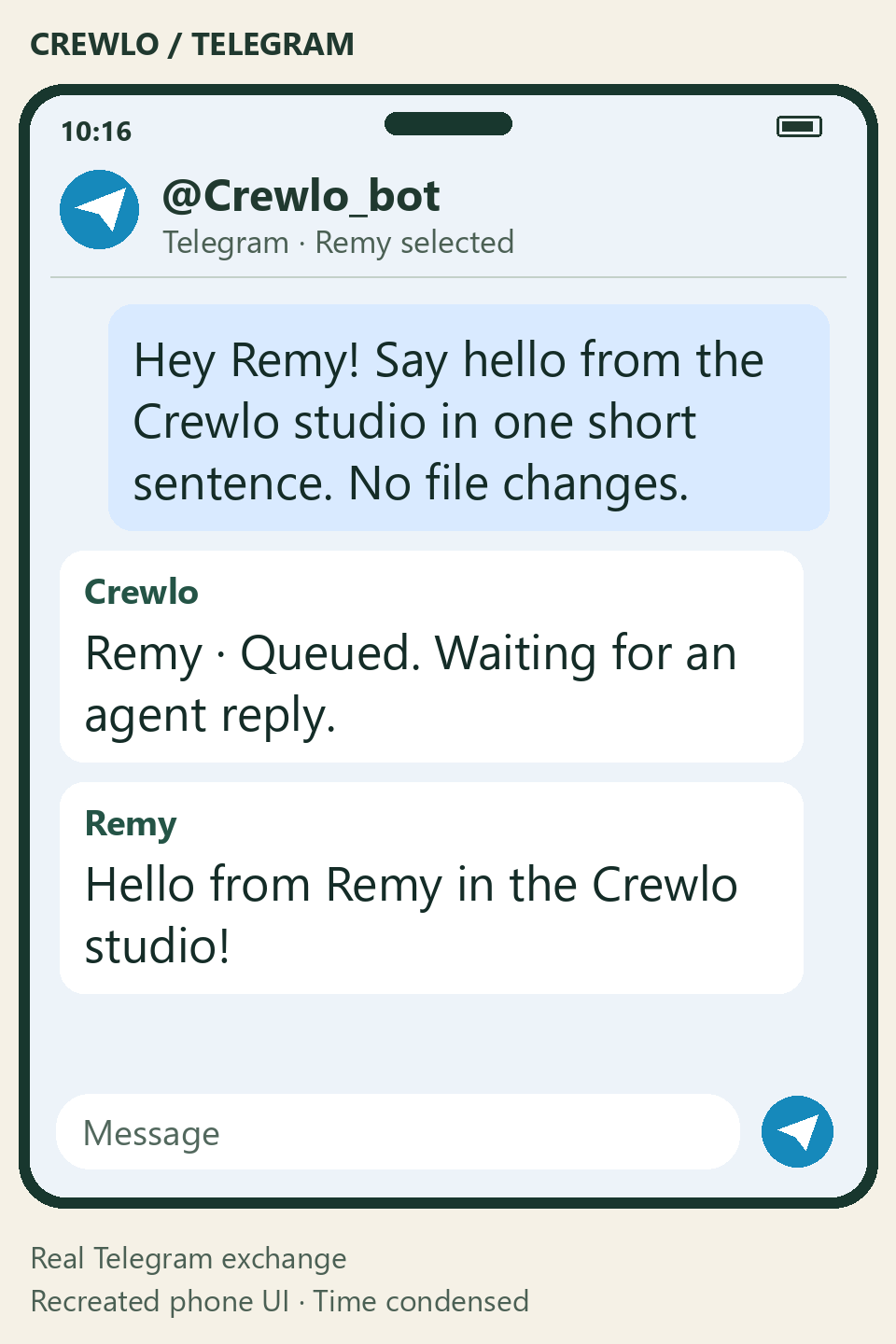 Real Telegram exchange with Remy, presented in a recreated phone layout with condensed timing