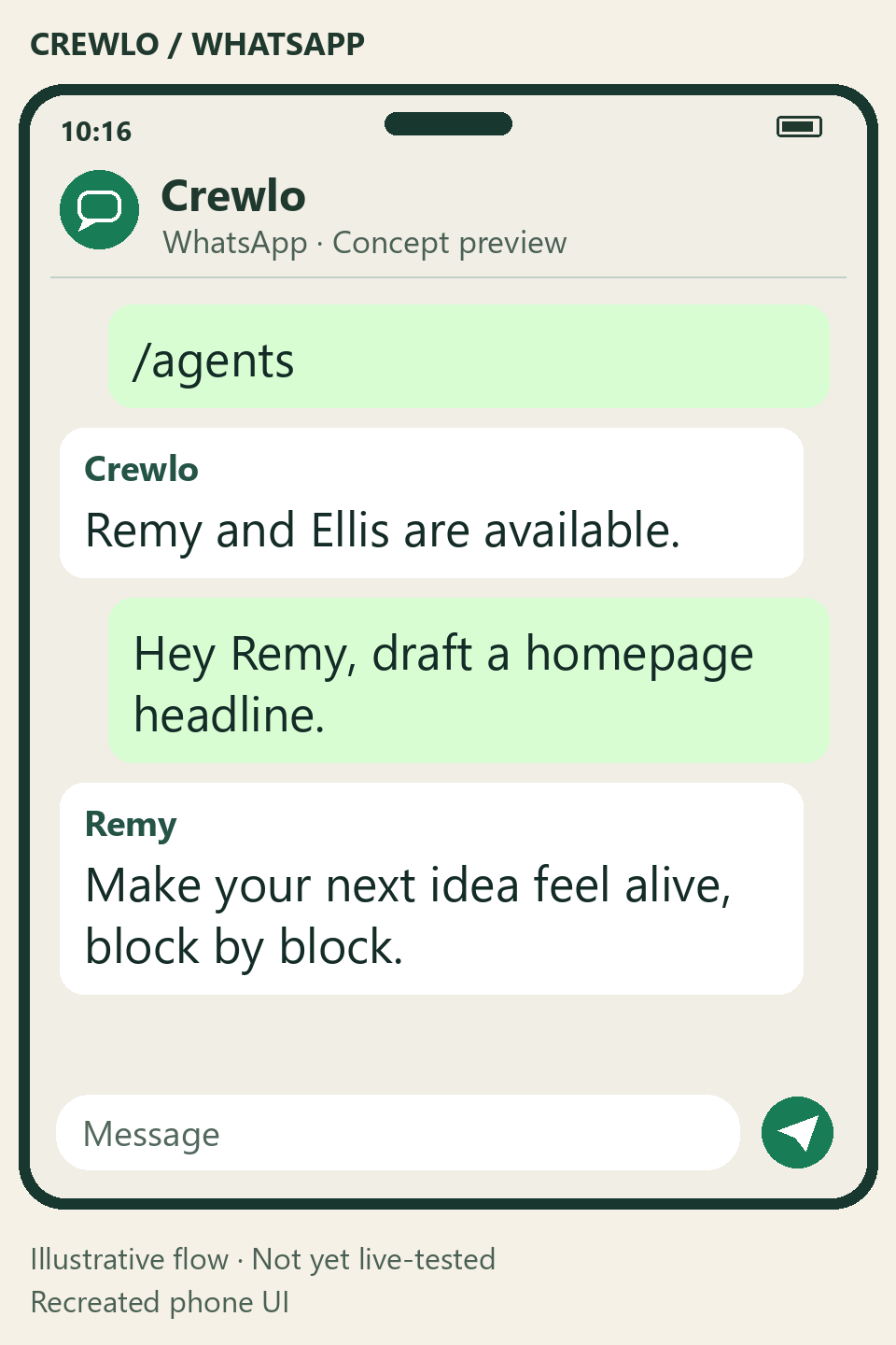 Illustrative WhatsApp phone flow for Crewlo agents; not yet live-tested